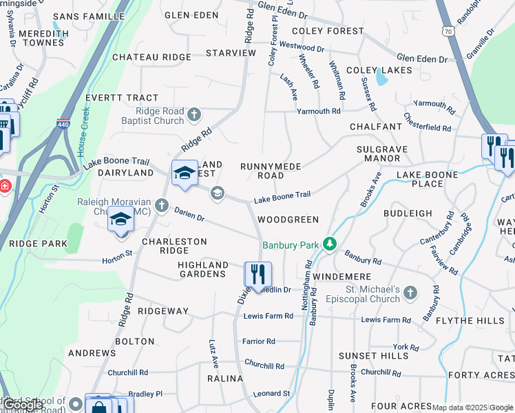 map of restaurants, bars, coffee shops, grocery stores, and more near 911 Lake Boone Trail in Raleigh