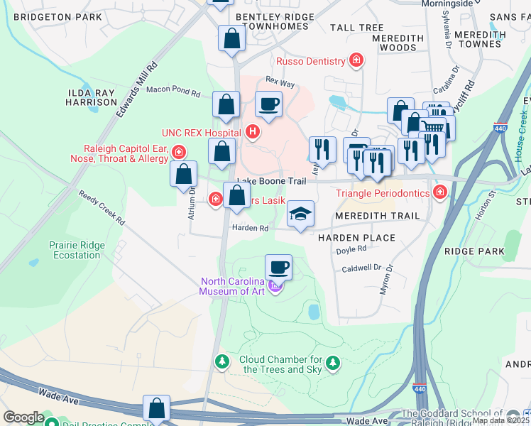 map of restaurants, bars, coffee shops, grocery stores, and more near 2301 Rexwoods Drive in Raleigh
