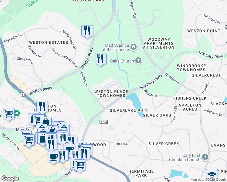 map of restaurants, bars, coffee shops, grocery stores, and more near 110 Langford Valley Way in Cary