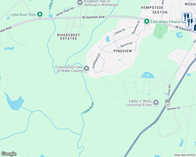 map of restaurants, bars, coffee shops, grocery stores, and more near 313 Southland Drive in Zebulon