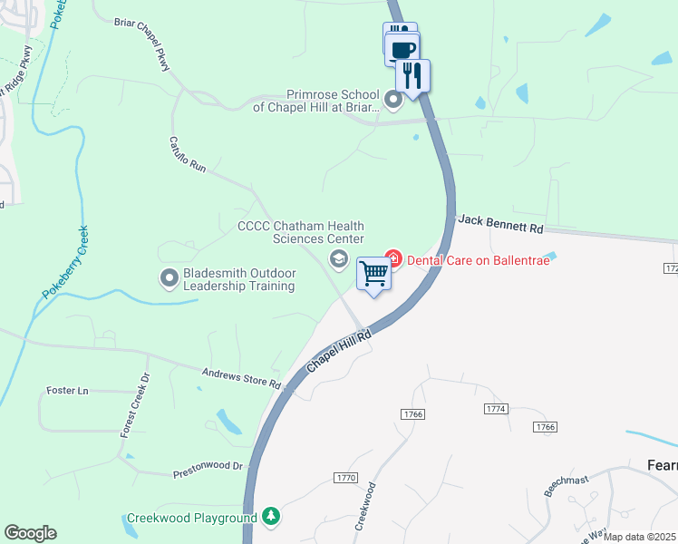 map of restaurants, bars, coffee shops, grocery stores, and more near 75 Ballentrae Court in Pittsboro