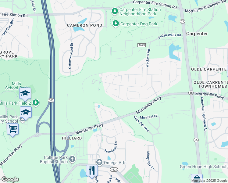 map of restaurants, bars, coffee shops, grocery stores, and more near 509 Maybank Place in Cary