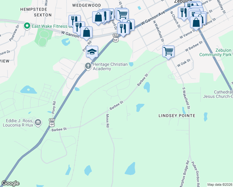 map of restaurants, bars, coffee shops, grocery stores, and more near 109 Westside Circle in Zebulon
