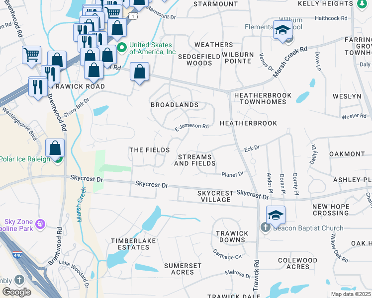 map of restaurants, bars, coffee shops, grocery stores, and more near 3353 Neptune Drive in Raleigh