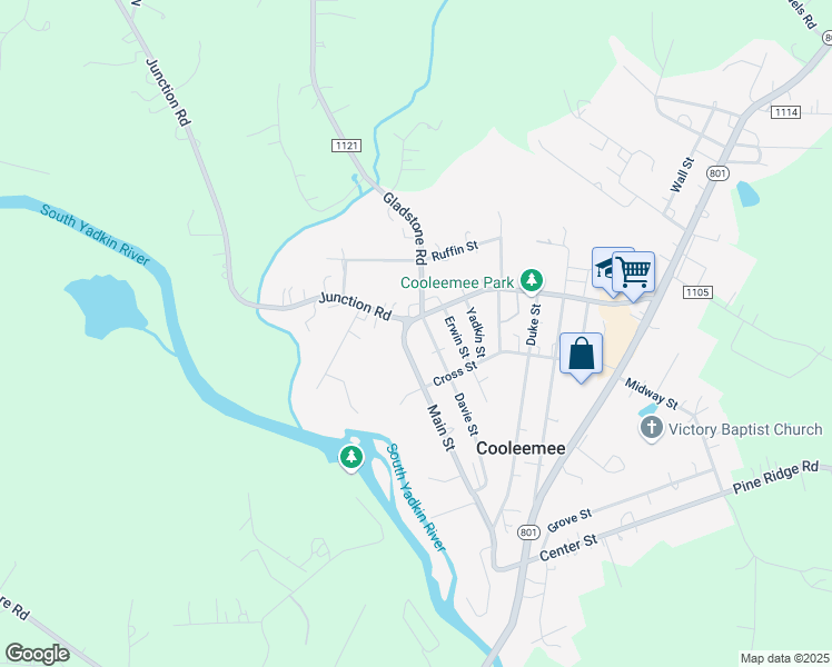 map of restaurants, bars, coffee shops, grocery stores, and more near 110 Main Street in Cooleemee