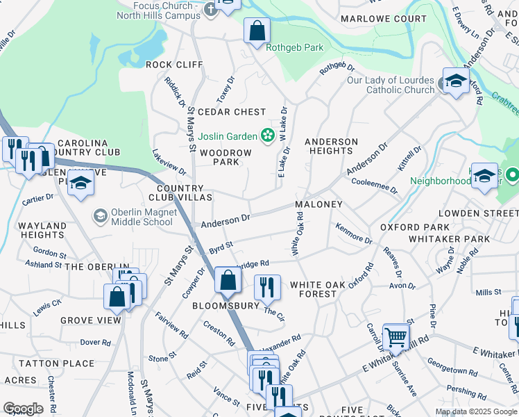 map of restaurants, bars, coffee shops, grocery stores, and more near 2407 Anderson Drive in Raleigh