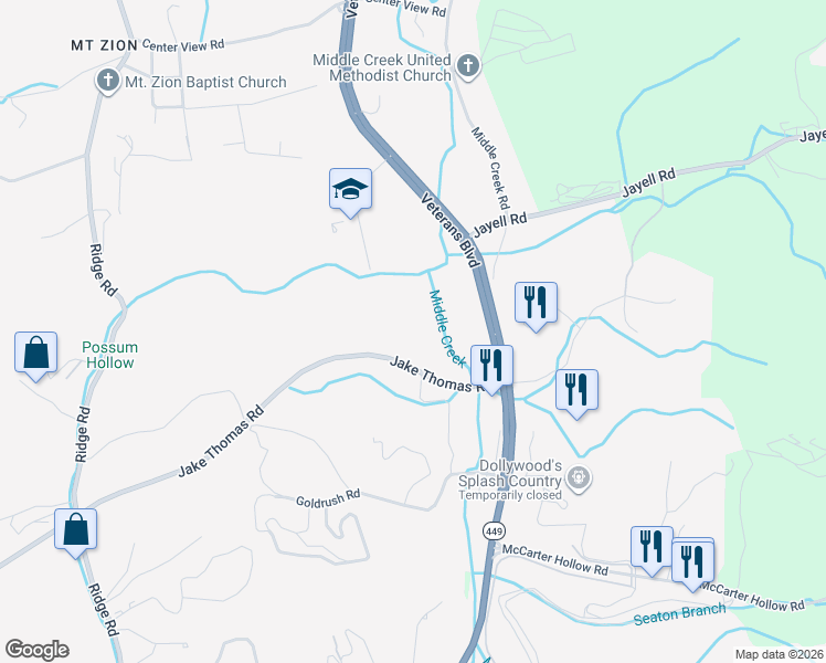 map of restaurants, bars, coffee shops, grocery stores, and more near 1024 Charlotte's Court in Pigeon Forge