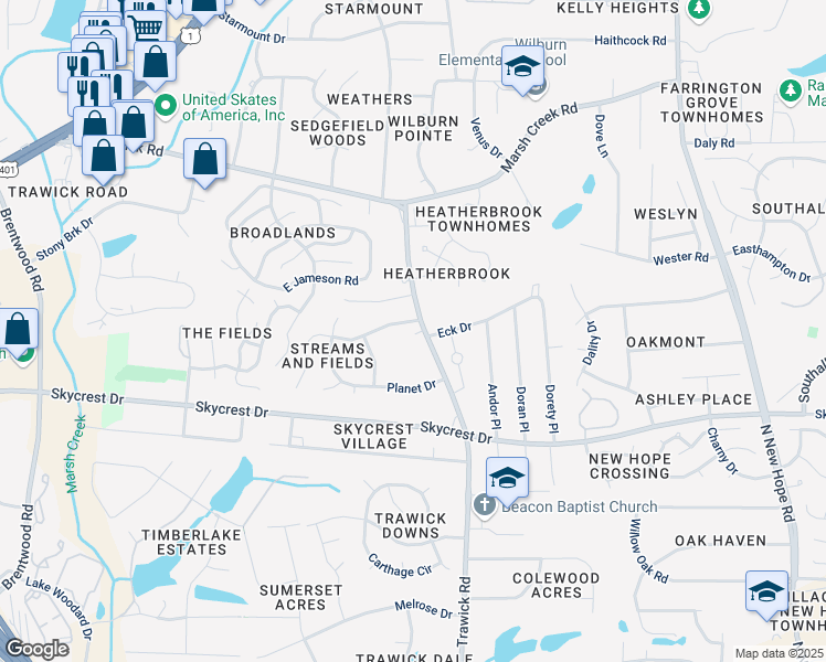 map of restaurants, bars, coffee shops, grocery stores, and more near 2425 Trawick Road in Raleigh
