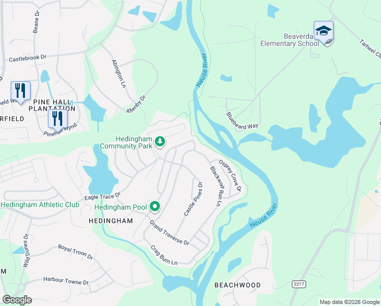 map of restaurants, bars, coffee shops, grocery stores, and more near 2630 Blackwolf Run Lane in Raleigh