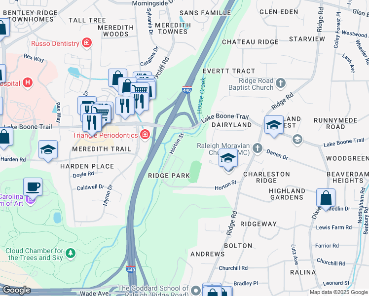 map of restaurants, bars, coffee shops, grocery stores, and more near 3500 Palm Court in Raleigh