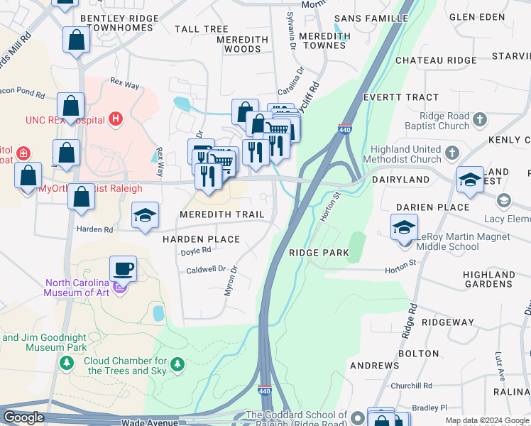 map of restaurants, bars, coffee shops, grocery stores, and more near 3312 Harden Road in Raleigh