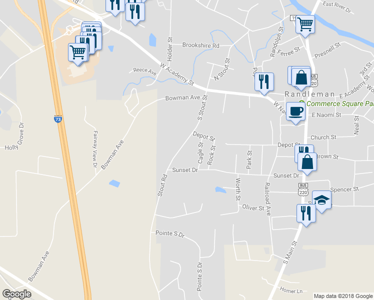 map of restaurants, bars, coffee shops, grocery stores, and more near 409S South Stout Street in Randleman