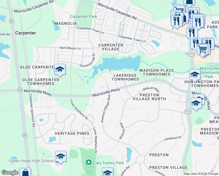 map of restaurants, bars, coffee shops, grocery stores, and more near 100 Great Lake Drive in Cary