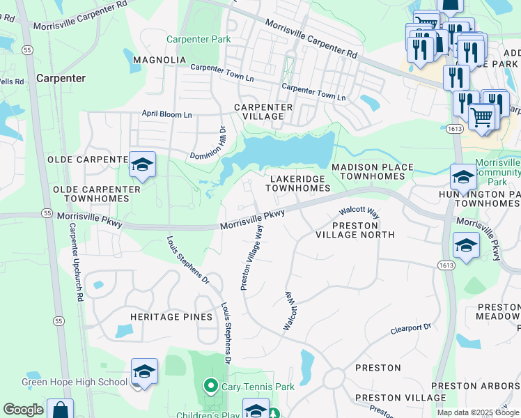 map of restaurants, bars, coffee shops, grocery stores, and more near 100 Great Lake Drive in Cary