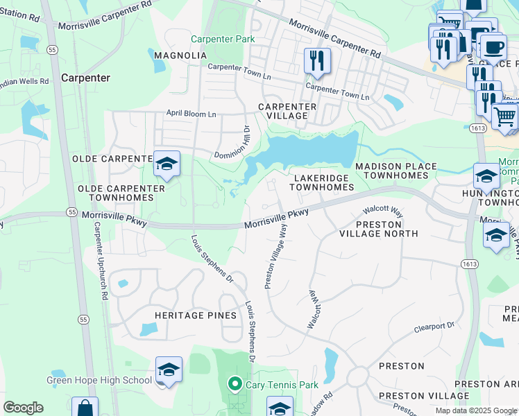map of restaurants, bars, coffee shops, grocery stores, and more near 116 Lake Hickory Court in Cary