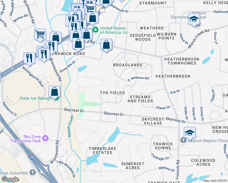 map of restaurants, bars, coffee shops, grocery stores, and more near 2409 Pepperfield Drive in Raleigh