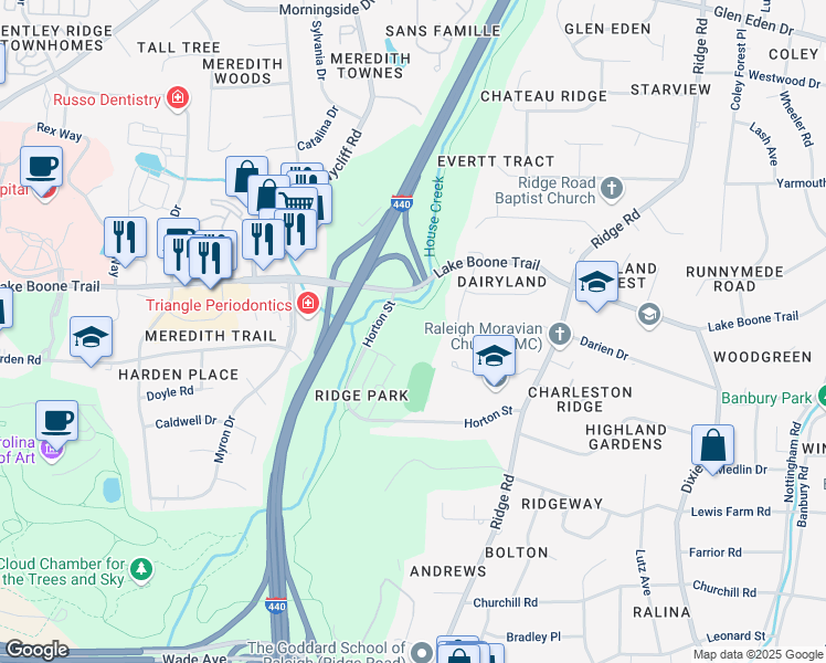 map of restaurants, bars, coffee shops, grocery stores, and more near 3500 Palm Court in Raleigh