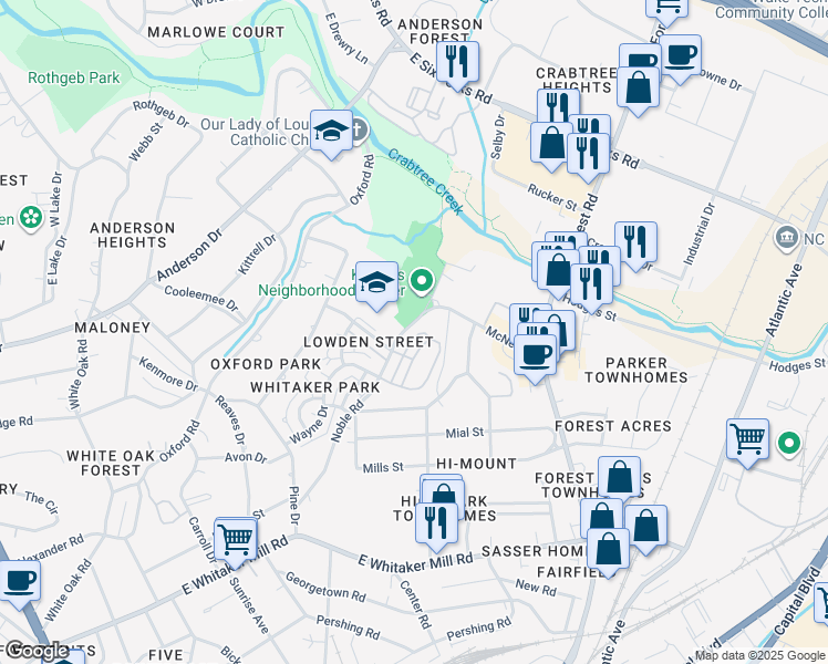 map of restaurants, bars, coffee shops, grocery stores, and more near 2440 Noble Road in Raleigh