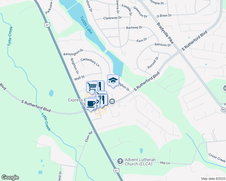 map of restaurants, bars, coffee shops, grocery stores, and more near 1753 South Rutherford Boulevard in Murfreesboro