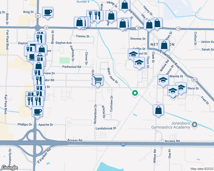 map of restaurants, bars, coffee shops, grocery stores, and more near 3518 Race Street in Jonesboro
