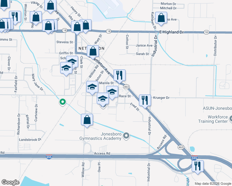 map of restaurants, bars, coffee shops, grocery stores, and more near 2414 High Street in Jonesboro