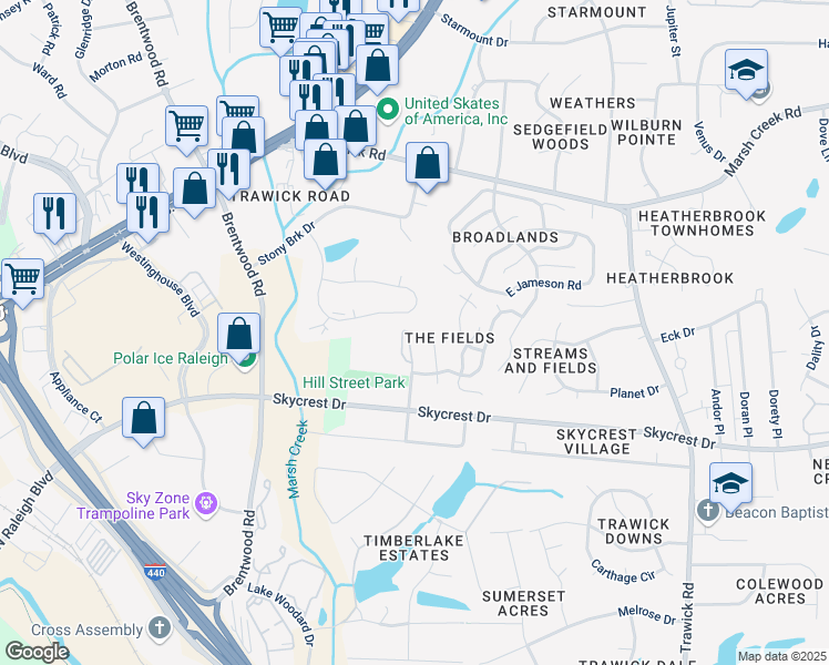 map of restaurants, bars, coffee shops, grocery stores, and more near 2430 Hill Street in Raleigh