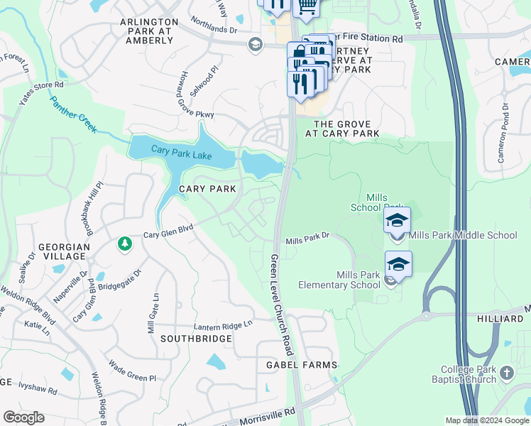 map of restaurants, bars, coffee shops, grocery stores, and more near 228 Waterford Lake Drive in Cary