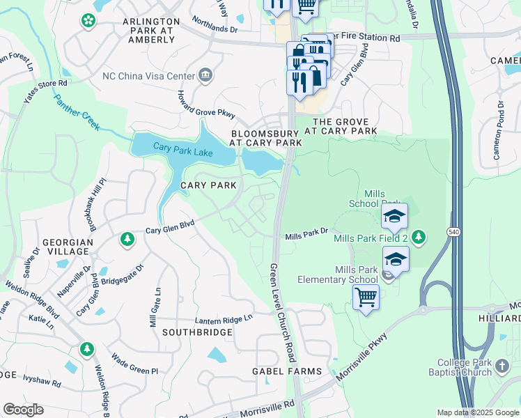 map of restaurants, bars, coffee shops, grocery stores, and more near 228 Waterford Lake Drive in Cary