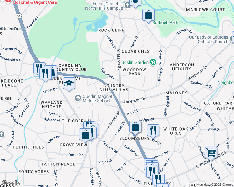map of restaurants, bars, coffee shops, grocery stores, and more near 2511 Saint Marys Street in Raleigh
