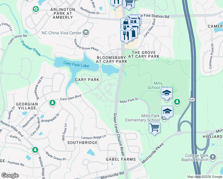 map of restaurants, bars, coffee shops, grocery stores, and more near 228 Waterford Lake Drive in Cary