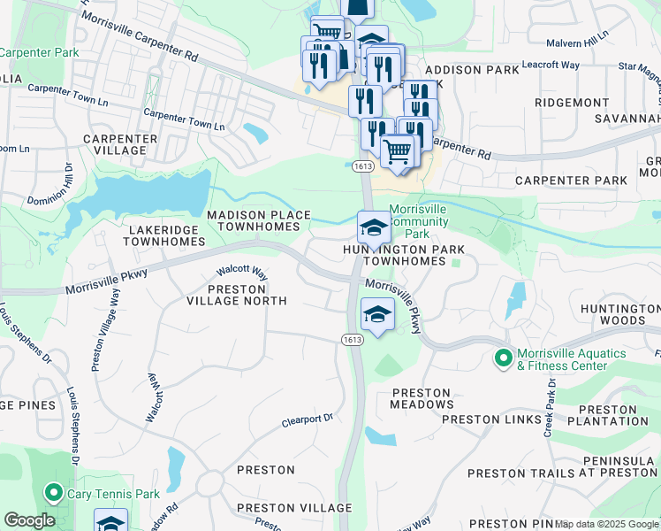 map of restaurants, bars, coffee shops, grocery stores, and more near 251 Murray Glen Drive in Cary
