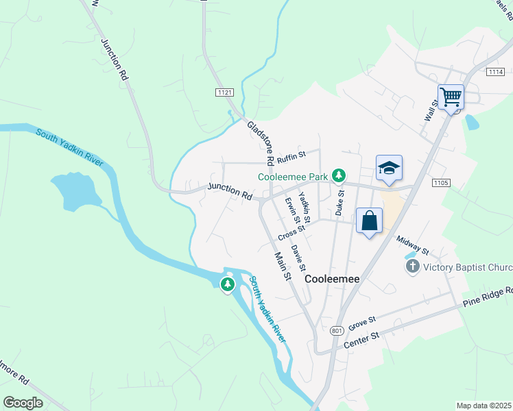map of restaurants, bars, coffee shops, grocery stores, and more near 110 Main Street in Cooleemee