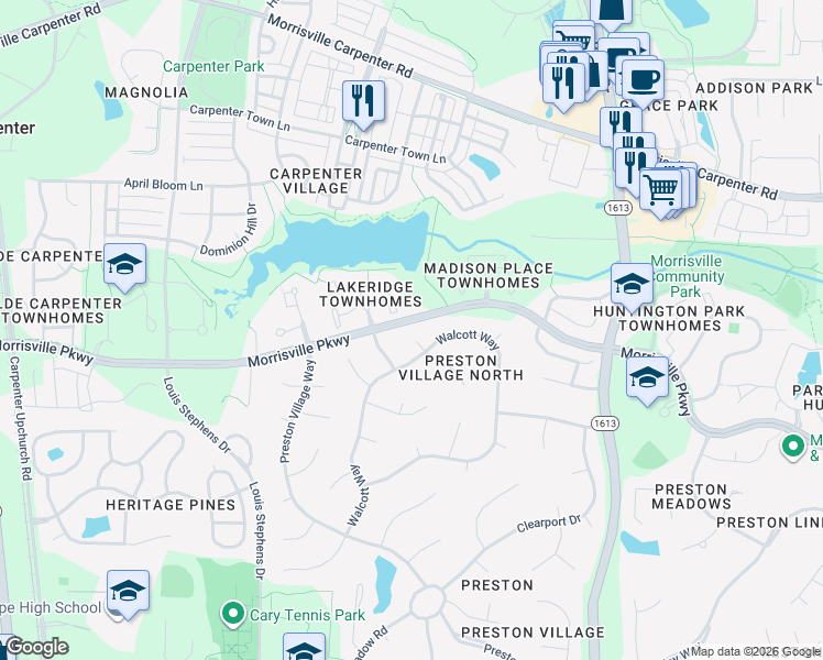 map of restaurants, bars, coffee shops, grocery stores, and more near 101 Ecklin Lane in Cary