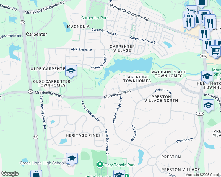 map of restaurants, bars, coffee shops, grocery stores, and more near 114 Lake Hickory Court in Cary
