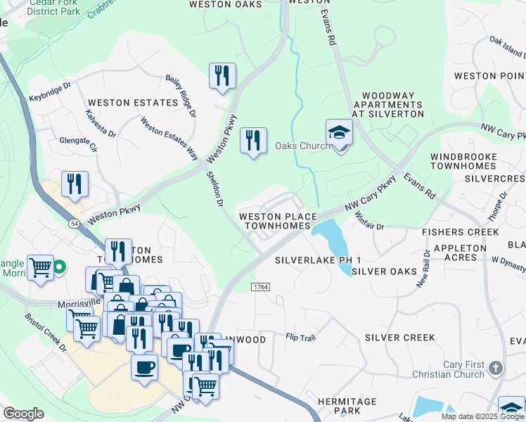 map of restaurants, bars, coffee shops, grocery stores, and more near 1119 Weston Green Loop in Cary