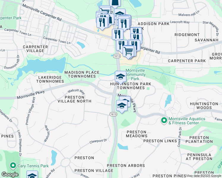 map of restaurants, bars, coffee shops, grocery stores, and more near 243 Murray Glen Drive in Cary