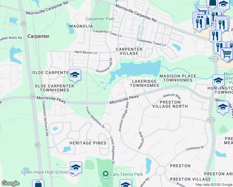 map of restaurants, bars, coffee shops, grocery stores, and more near 114 Lake Hickory Court in Cary