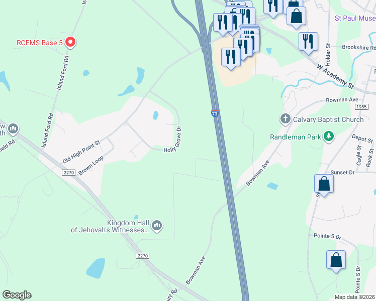 map of restaurants, bars, coffee shops, grocery stores, and more near 737 Holly Grove Drive in Randleman