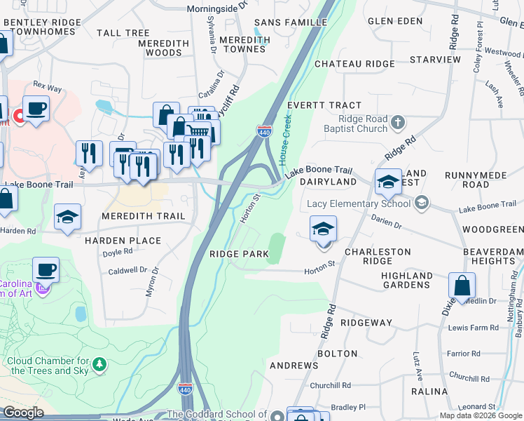 map of restaurants, bars, coffee shops, grocery stores, and more near 3550 Horton Street in Raleigh