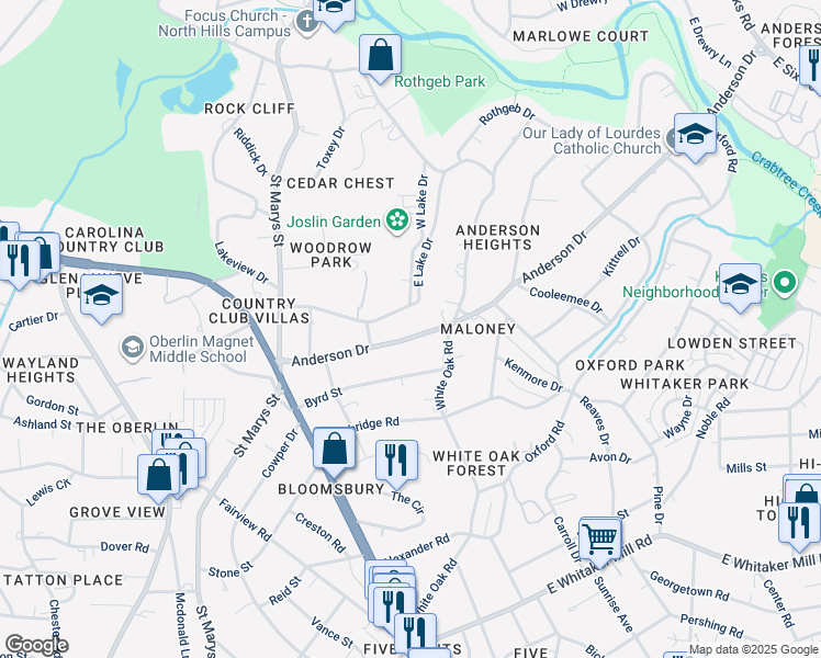 map of restaurants, bars, coffee shops, grocery stores, and more near 2413 Anderson Drive in Raleigh