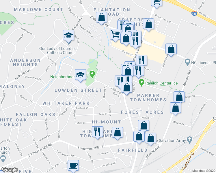 map of restaurants, bars, coffee shops, grocery stores, and more near 2698 McNeill Street in Raleigh