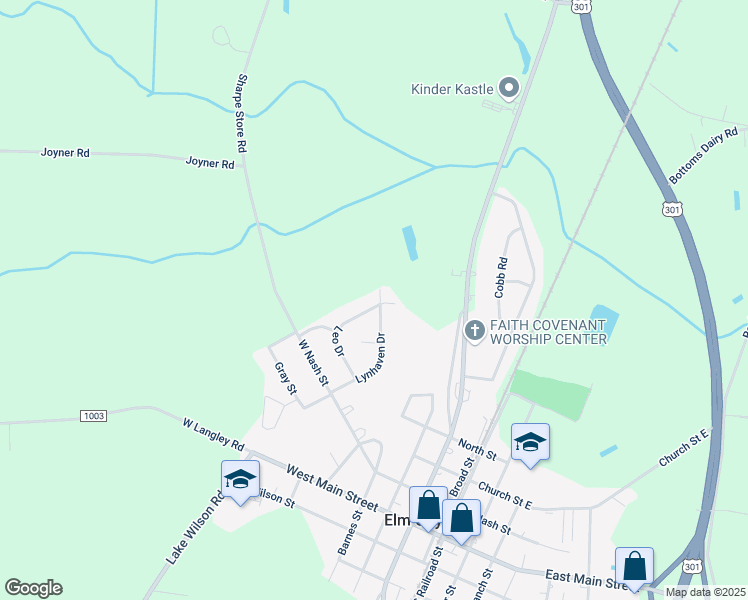map of restaurants, bars, coffee shops, grocery stores, and more near 713 Leo Drive in Elm City