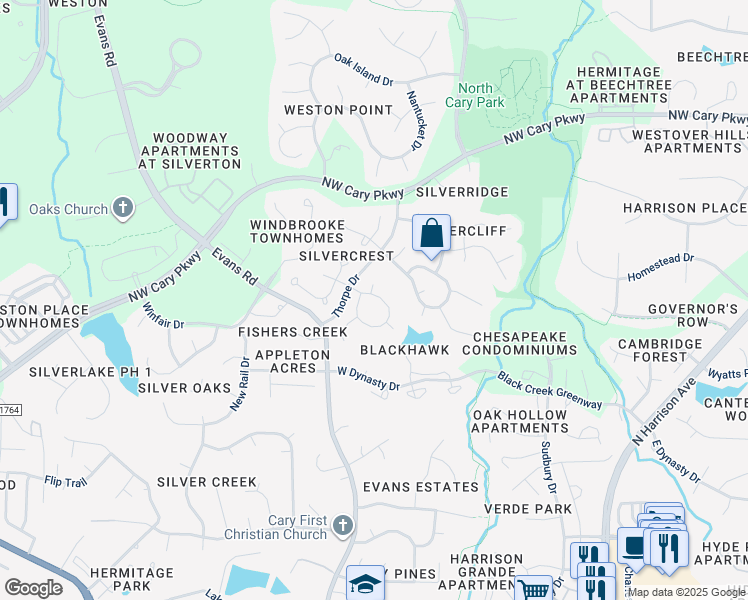map of restaurants, bars, coffee shops, grocery stores, and more near 104 Dalmeny Drive in Cary