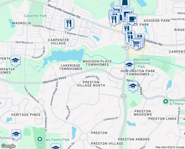 map of restaurants, bars, coffee shops, grocery stores, and more near 612 Walcott Way in Cary