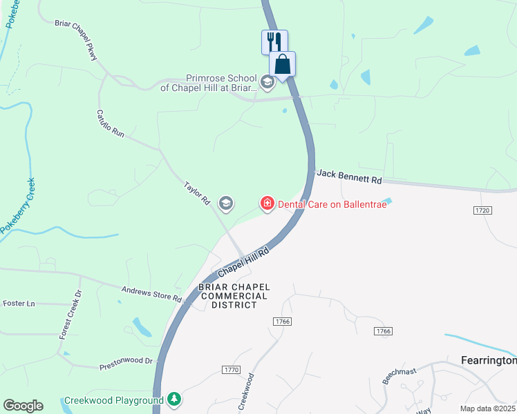 map of restaurants, bars, coffee shops, grocery stores, and more near Ballentrae Court in Fearrington