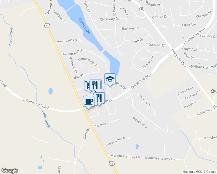 map of restaurants, bars, coffee shops, grocery stores, and more near 1753 South Rutherford Boulevard in Murfreesboro