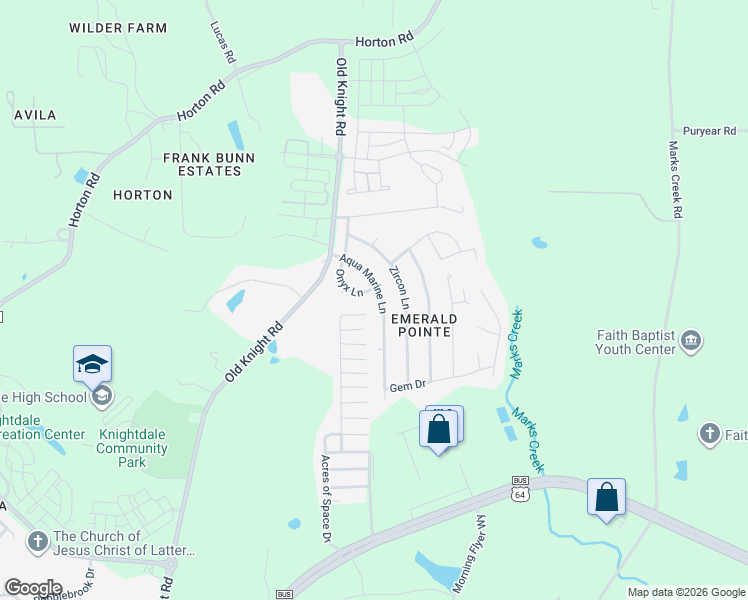 map of restaurants, bars, coffee shops, grocery stores, and more near 103 Onyx Lane in Knightdale
