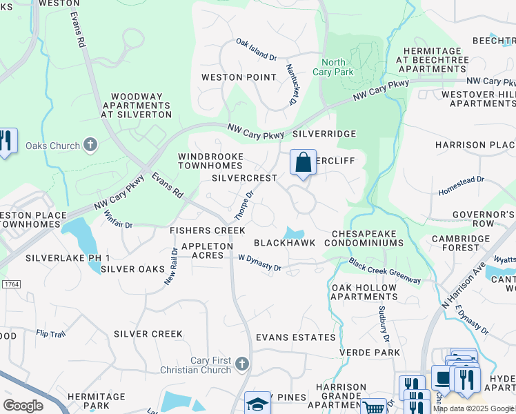 map of restaurants, bars, coffee shops, grocery stores, and more near 212 Dalmeny Drive in Cary