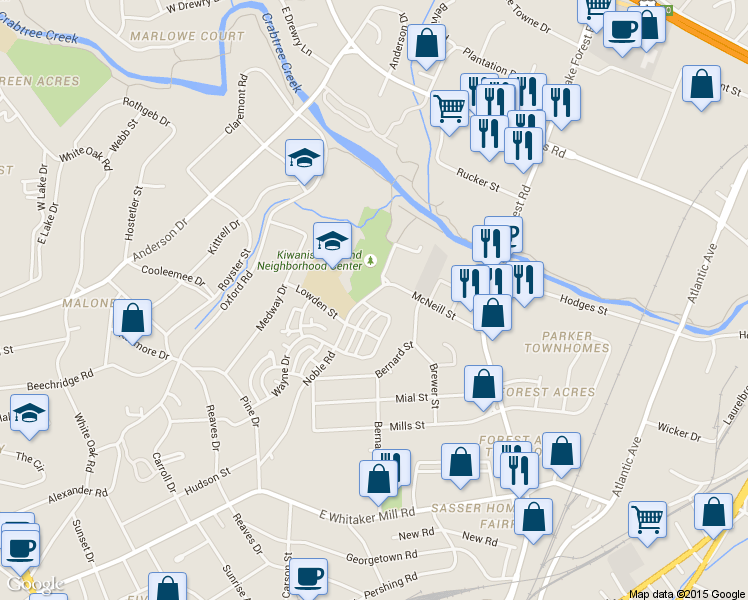 map of restaurants, bars, coffee shops, grocery stores, and more near 2440 Noble Road in Raleigh