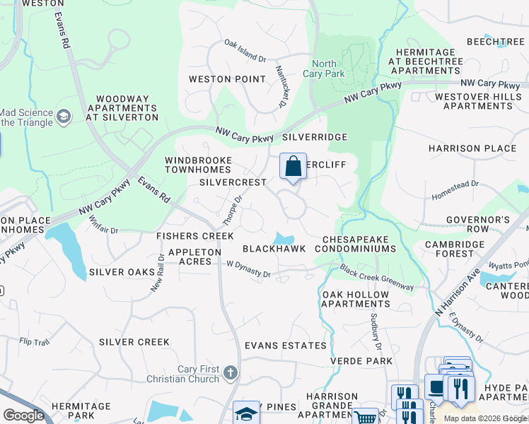 map of restaurants, bars, coffee shops, grocery stores, and more near 115 Dalmeny Drive in Cary